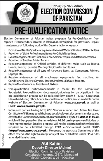 Election Commission of Pakistan Islamabad Tender Notice